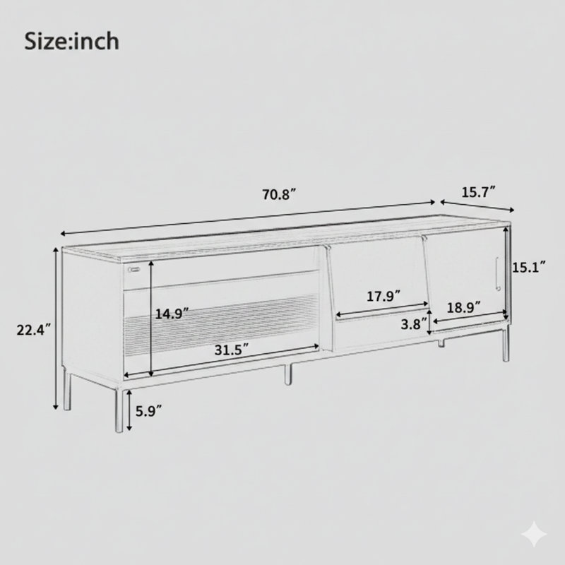 70.8-Inch Mid-Century Modern Media Console Table For The Living Room, Compatible With Tvs Up To 75 Inches. Features Storage Space, Sliding Doors, Adjustable Shelves, And A Metal Frame.