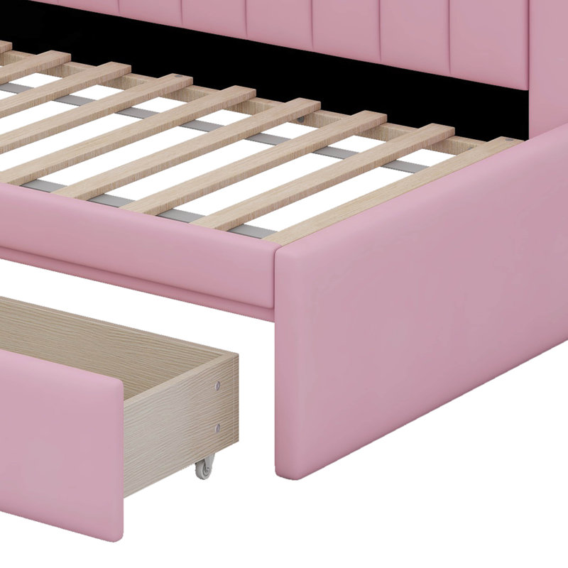 Upholstered Platform Bed With Trundle,USB Ports And LED Belt, Twin, Pink