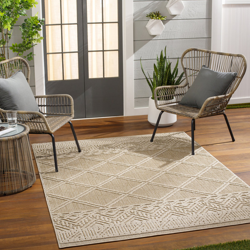 Bairoil Geometric Machine Woven Polypropylene Indoor / Outdoor Area Rug in Ivory/Light Beige, Rectangle 7'10" x 10'