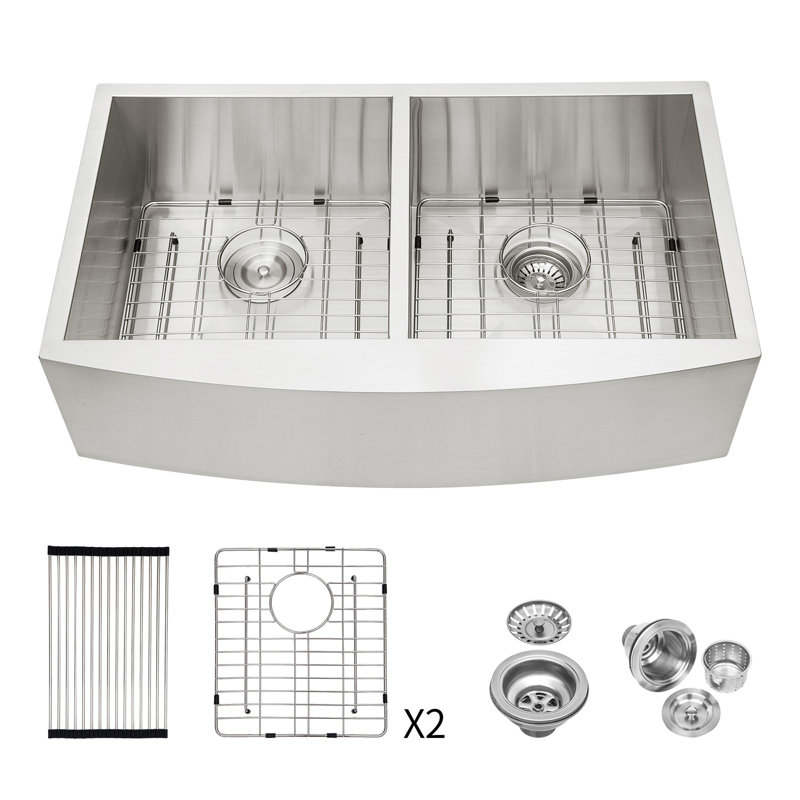 Double Bowl (50/50) Farmhouse Sink- 36" X 20" X 9"Stainless Steel Apron Front Kitchen Sink 16 Gauge With Two 9" Deep Basin