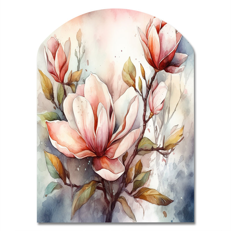 Red Magnolia Symphony - Magnolias Arch Metal Print Wall Art, Traditional Asymmetrical Metal Wall Decor, 34" H x 25" W x 1" D