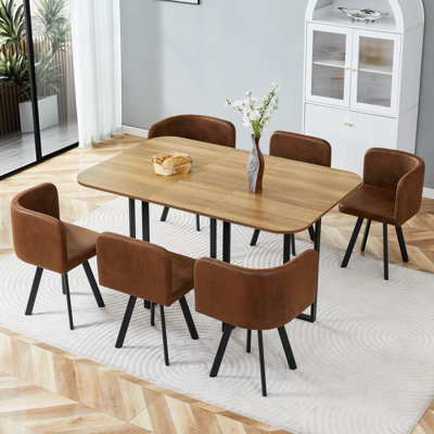 7-Piece Space Saving Tableware Set: Melamine Board Table+PU Cushioned Chair, Black Powder Coated Iron Frame For Kitchen/Dining Room