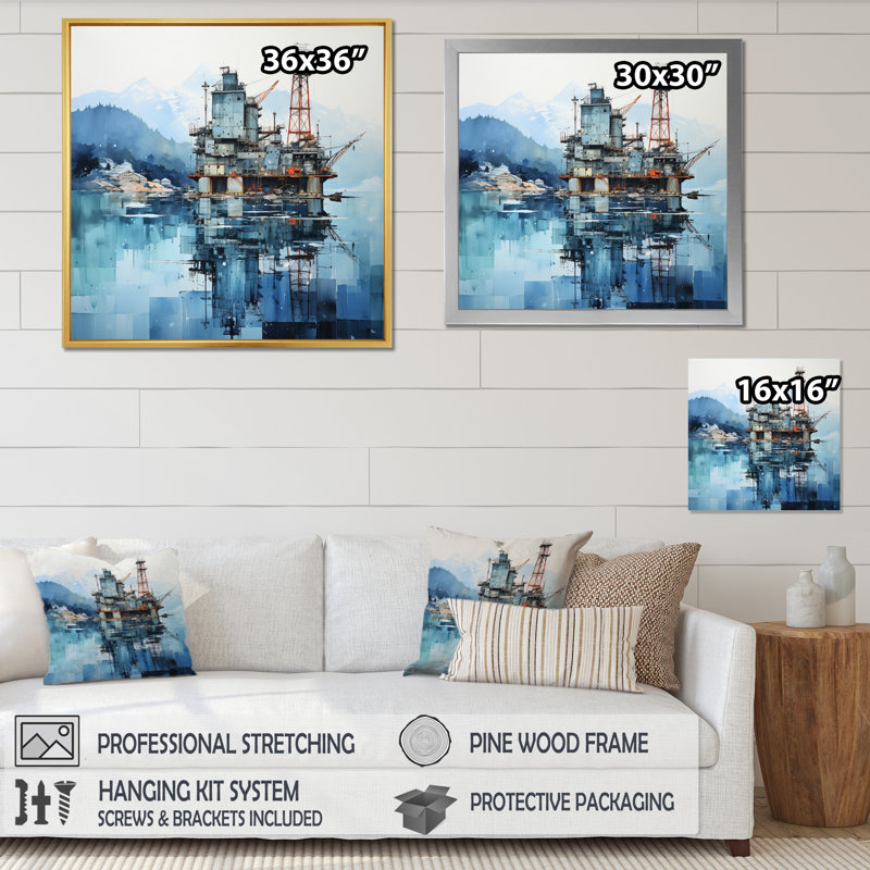 Blue Oil Rigs Fields Industrial I - Oil Rigs / Fields Canvas Print, Cadre naturel flottant, H 30 po x l 30 po x P 1 po