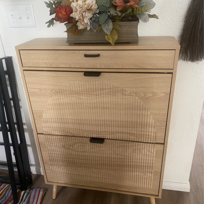 Designer Curved Three-dimensional Texture Fluted Panel Shoe Storage Cabinet - Walnut