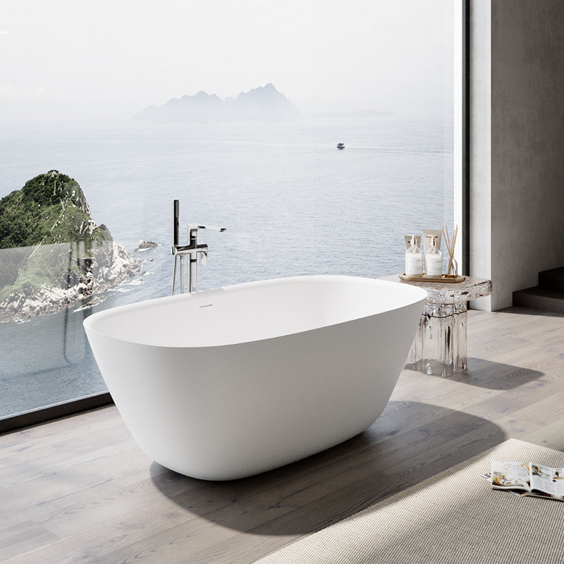 58.87 In. X 32.48 In. Stone Resin Solid Surface Freestanding Flatbottom Soaking Bathtub In Matte White