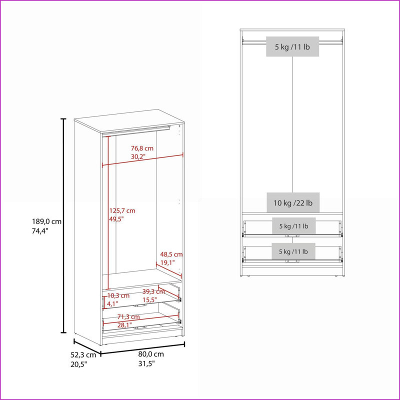 Commodes et amp; Armoires-penderie, armoire moderne à 2 portes avec 2 tiroirs, tringle et amp; Tablettes | Noir | Panneau de fibres à densité moyenne