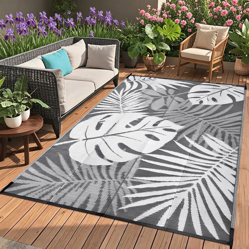 plant pattern indoor/outdoor garden patio rug waterproof grey white，leaves area rug, 5*8ft/152*244cm