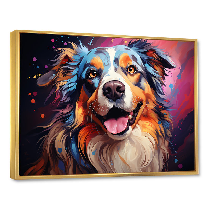 Chien, berger australien, Allure III, sur toile, H 24 po x l 32 po x P 1 po, Cadre flottant doré