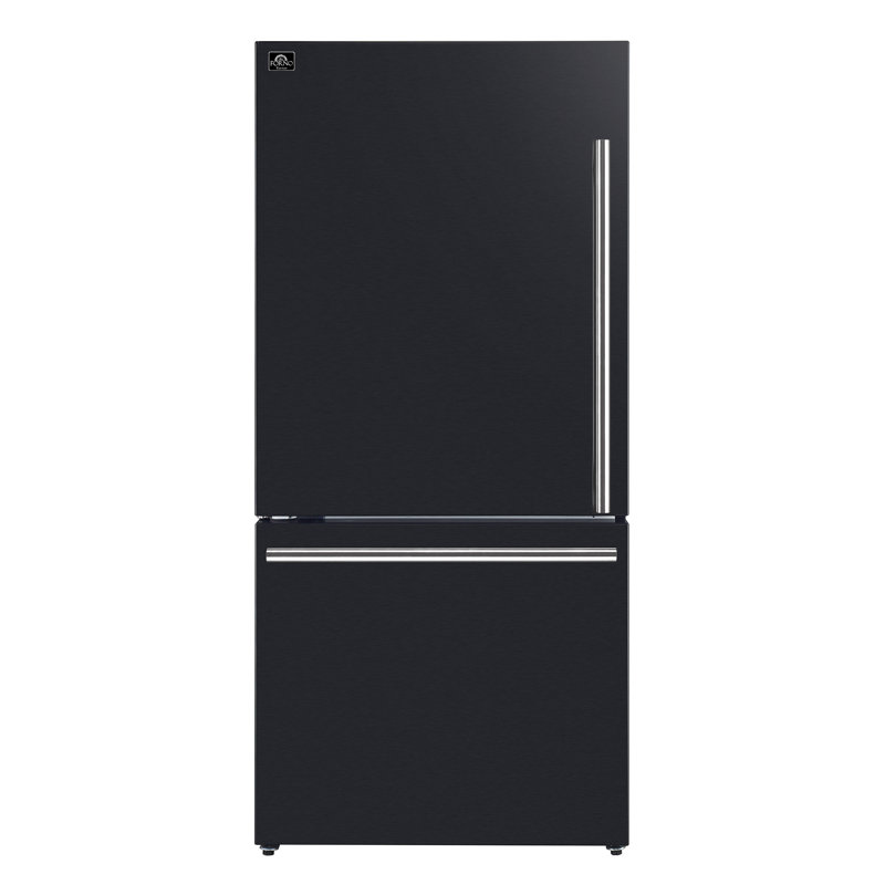 Forno 31" Milano Espresso Bottom Freezer Black, 17.2 cu.ft. Ice Maker, Antique Brass Handles, Black