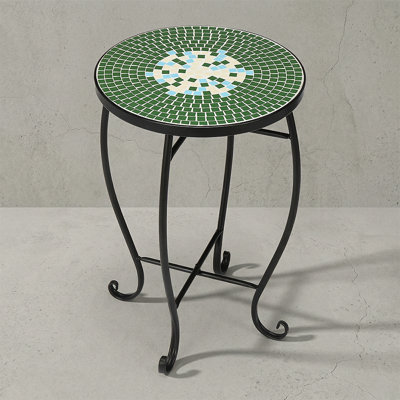 14" Round Mosaic Outdoor Side Table, Decorative Round Mosaic Patio Table with Metal Frame for Garden or Balcony