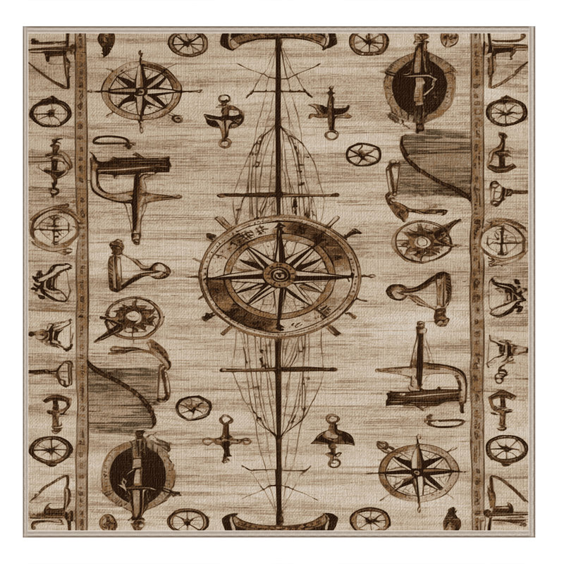 Washable Historical Maritime Nautical Area Rug, Square 4'