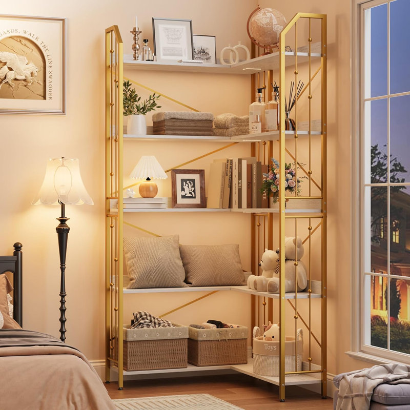 72" L Shaped Corner Bookshelf 5 Tier Industrial Bookcase Large Display Rack Shelf Beaded Design for Living Room Bedroom Storage
