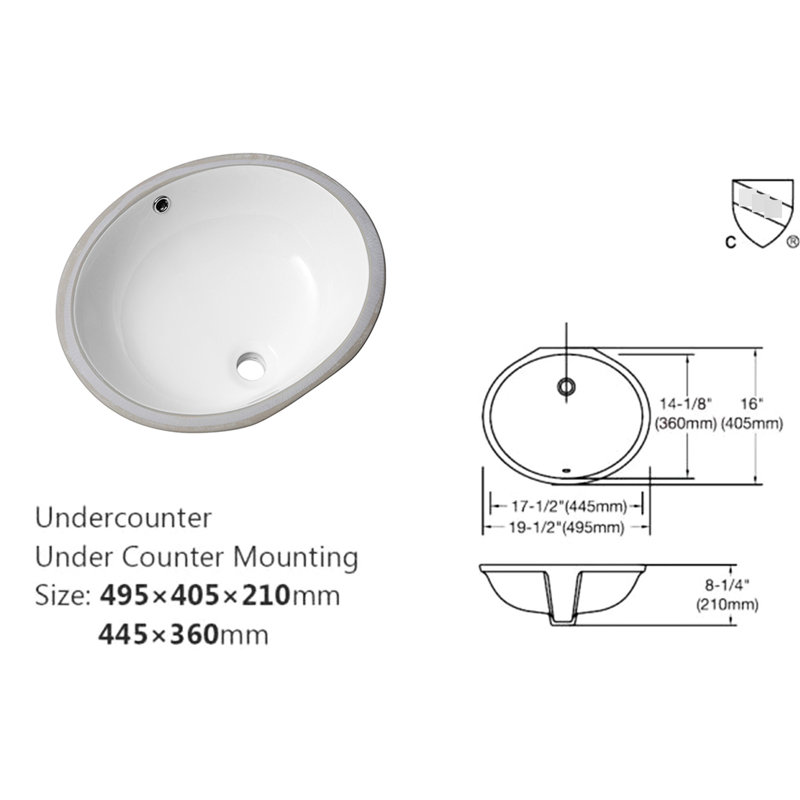 White Ceramic Undermount Bathroom Sink With Overflow - 19"x16", Oval, Stain-, Renovation Choice Quality Oval 19x16 Inches, White, Overflow, Stain-