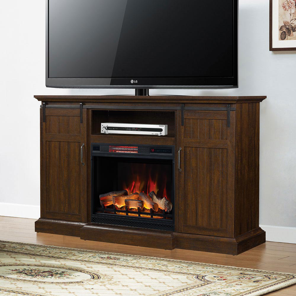 Virginia 68" Infrared Electric Fireplace Entertainment Center in Espresso w/ 28" Firebox & Barn Doors Birch Lane™