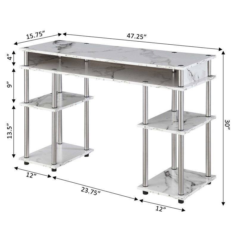 Edwin No Tools Writing Desk with Shelves, White Faux Marble/Silver Poles