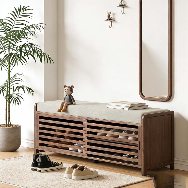 Banc à chaussures avec rangement et coussin, banc de rangement à volets vieillis avec charme rétro, Espresso