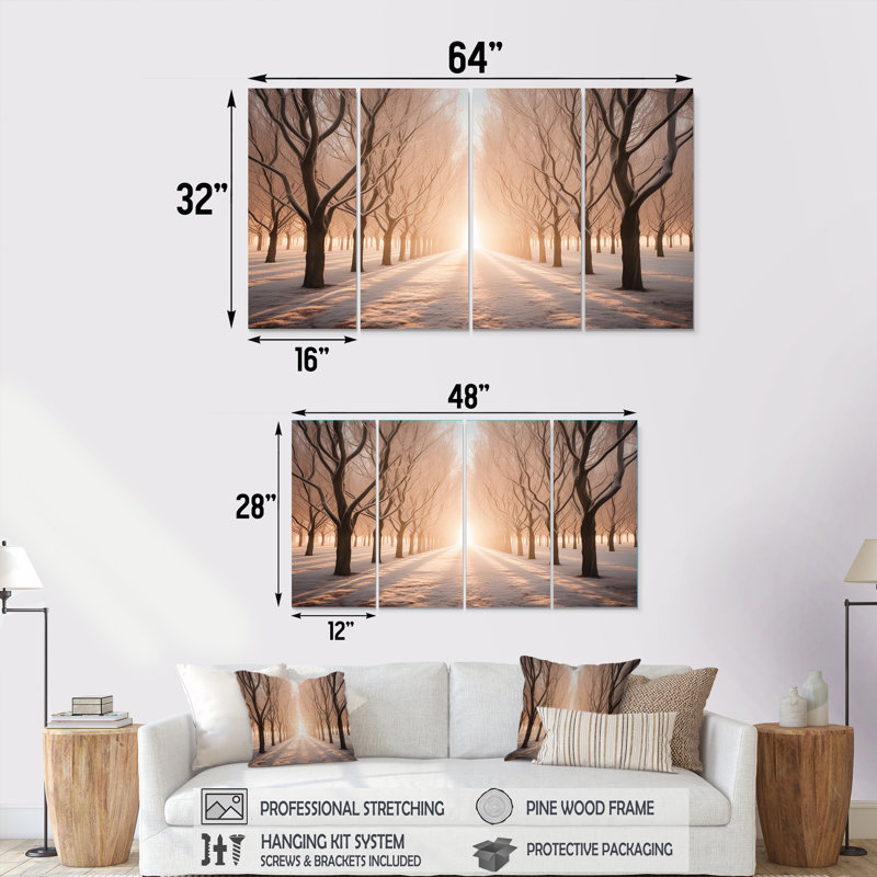 Soleil à travers les arbres d'hiver - ensemble de décoration murale arbre 4 pièces, H 32 po x l 64 po