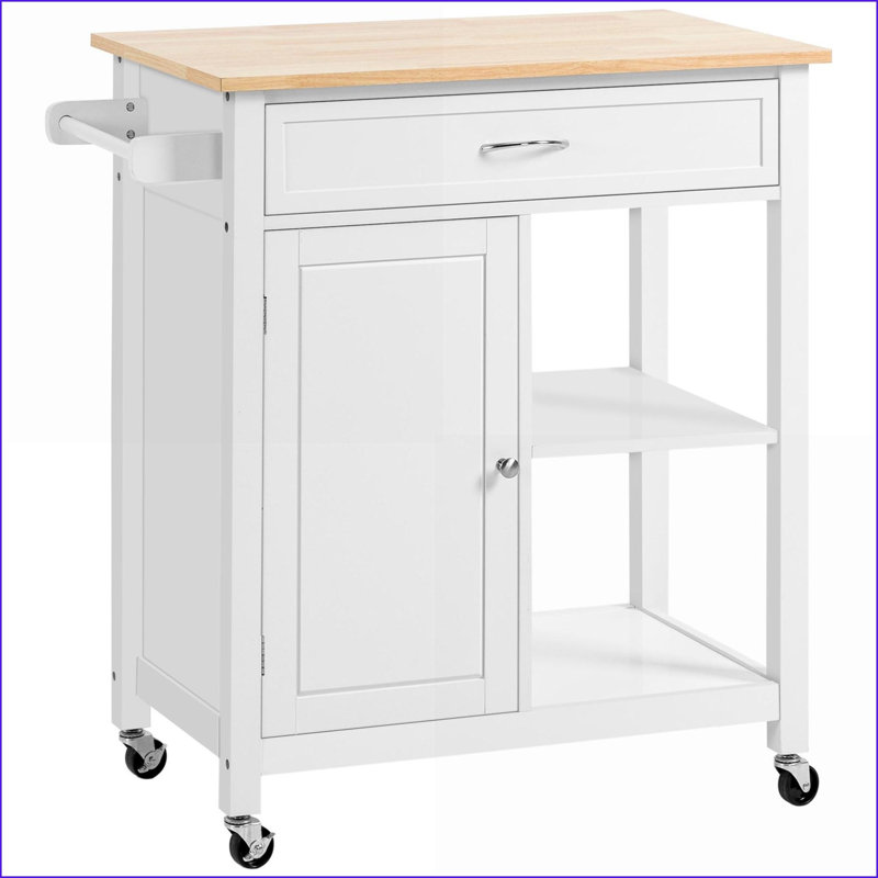 Chariot pour îlot de cuisine roulant avec rangement, plateau en bois massif | Blanc cassé | Panneau de fibres à densité moyenne