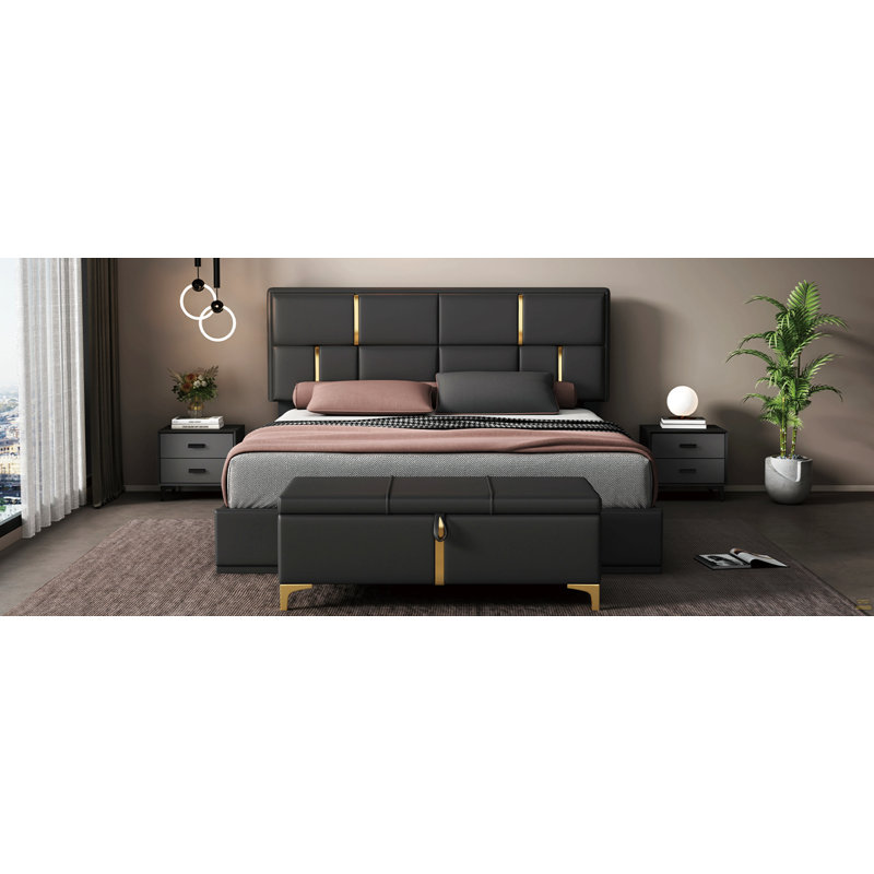 Grand lit plateforme tapissier avec système de rangement hydraulique, aucun sommier nécessaire, Black