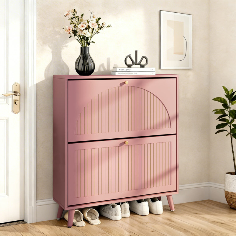 16 Pair Shoe Cabinet With 2 Flip Drawers And Adjustable Shelves, Freestanding Shoe Storage Organizers With Fluted Arched Pattern