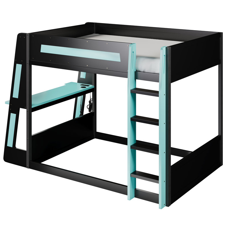 Lit simple superposé en bois avec bureau, deux tablettes de rangement, charge USB et lumière DEL, noir et bleu, Bleu