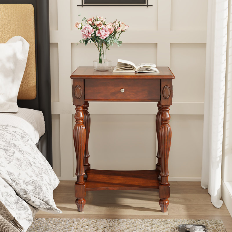 Table d'appoint en bois massif avec tiroir et tablette de rangement Halleli