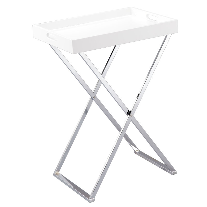 Kline Tray Top Cross Legs End Table, White, Silver