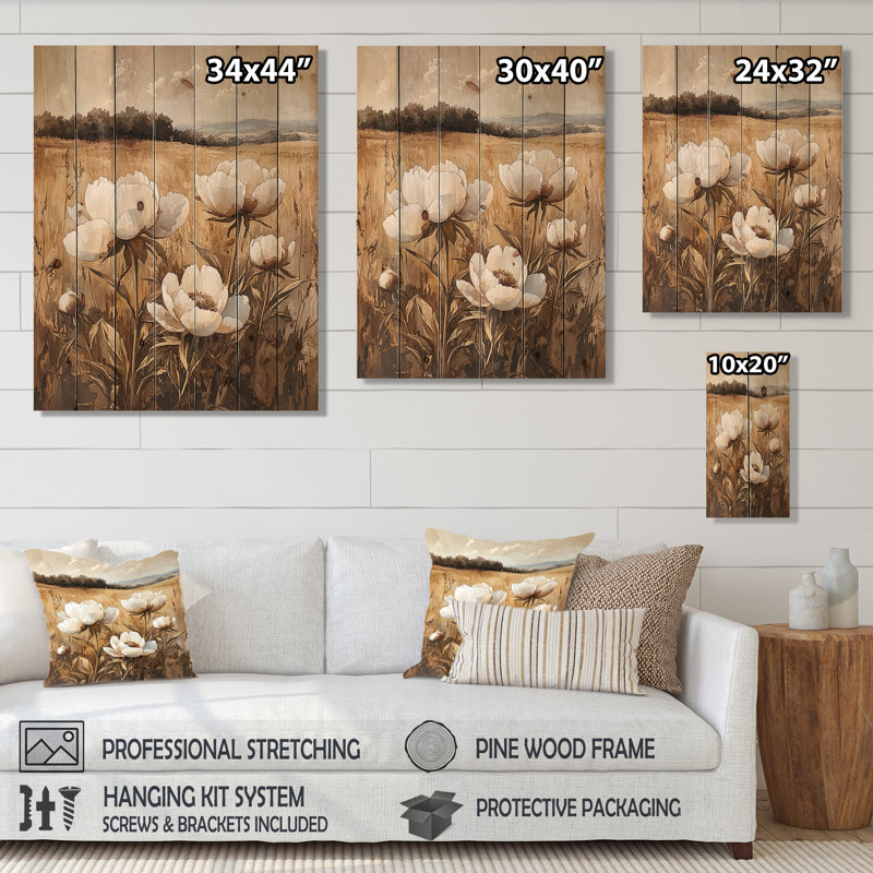 Pivoines le long de la campagne III - Décoration murale en bois de pivoines - sur bois de pin naturel