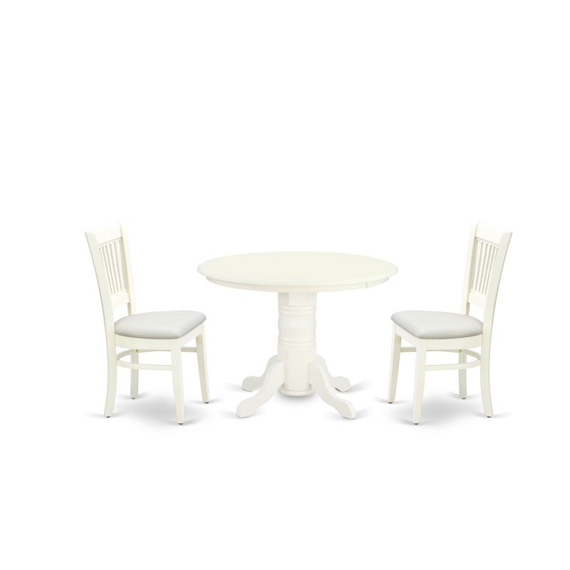 L'ensemble de table de salle à manger 3 pièces comprend une table de cuisine ronde avec piédestal et 2 chaises en lin, blanc lin