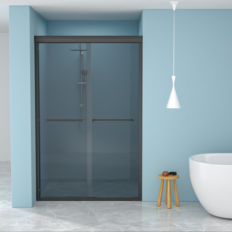 48W X 76H Double Sliding Glass Shower Door With 8Mm Tempered Grey Glass And 304 Stainless Steel Frame For Modern Bathrooms, Shower Door