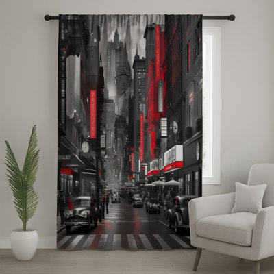 Black Cityscape Window Curtains, City Sheer & Blockout Curtains - 1 Panel