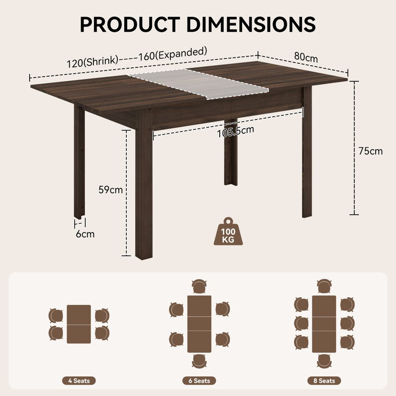 110-150cm Extendable Dining Table, Kitchen Wood Desk With 4-8 Seats, Space Saving, Brown, 120-160CM