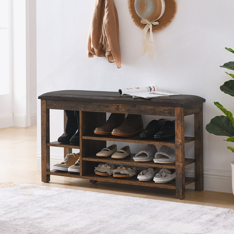 A Height-Adjustable Long Shoe-Changing Bench,Made Of Natural Rubberwood,Comes With A Comfortable Seat,Concealed Storage Space And Large Storage Compartments