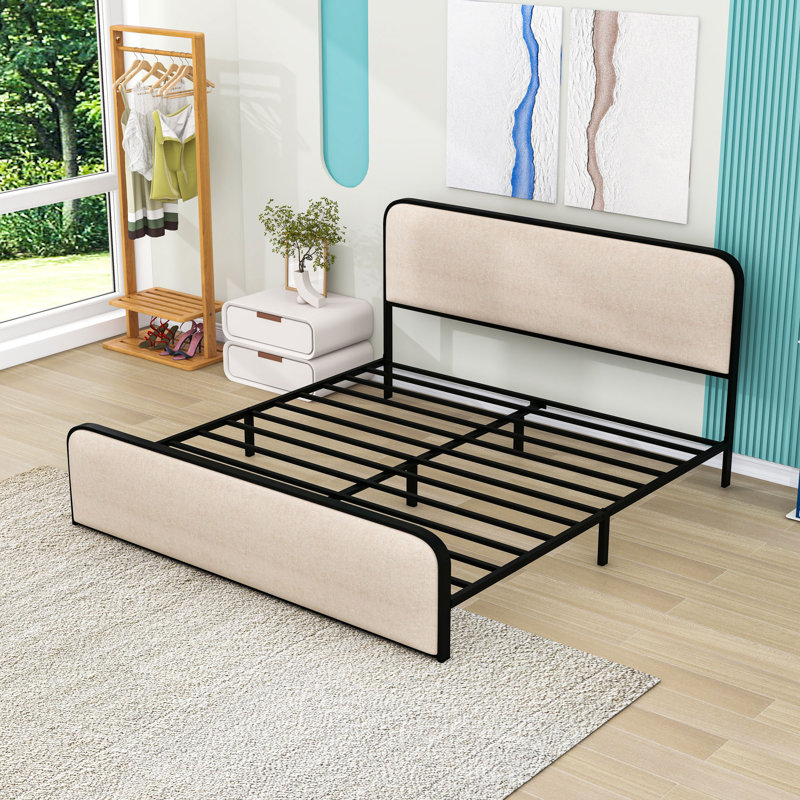 Lit plateforme en métal avec tête de lit tapissier, pieds centraux et rangement sous le lit, Très grand lit, Beige / noir