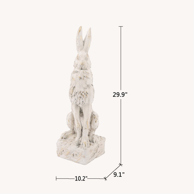 Grande figurine de lapin assis en magnésium avec finition blanche antique et base piédestal élégante, parfaite pour un décor rétro