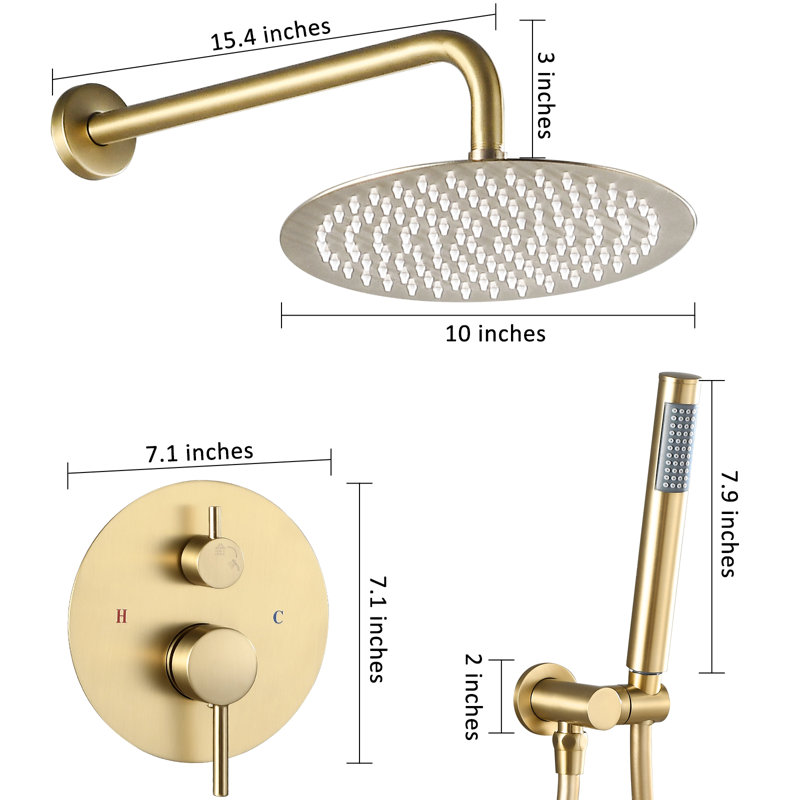 Modern Round Shower System, Rain Shower Head with Handheld Spray, Shower Faucet Set, Brushed Gold