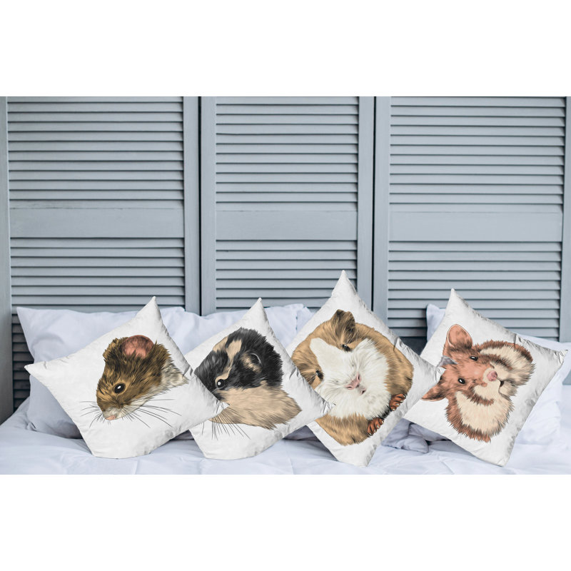 Drôle de portrait d'animaux rongeurs, ensemble de housse de coussin 4 pièces, 24" X 24"