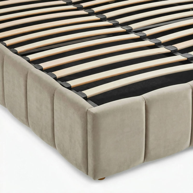 Rudasill Upholstered Ottoman Bed Frame - Vertically Stitched Contemporary Headboard, Taupe Velvet, King