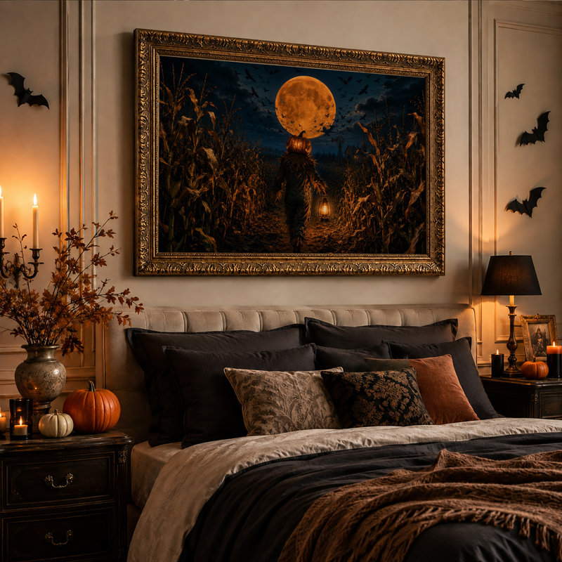 Épouvantail à tête de citrouille dans un champ de maïs pour l'Halloween - Tableau sur toile, 20"H x 30"W