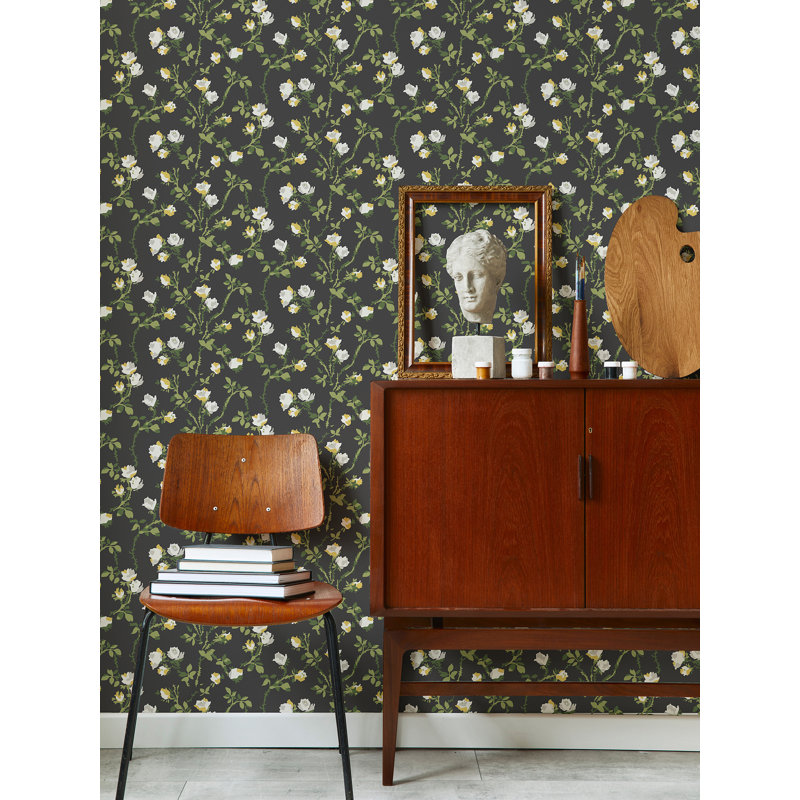 Lady Charlotte Rose Thorns 10' L x 24" W Peel and Stick Wallpaper Tile, Blue Salt, Peel & Stick