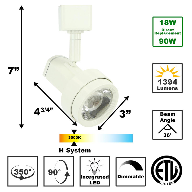 Tête d'éclairage DEL à rail, H 7 po x l 3 po x 4,75 po, Blanc, 18 W
