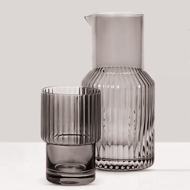 Ensemble de carafe 2 pièces en verre côtelé gris - 33,81 oz