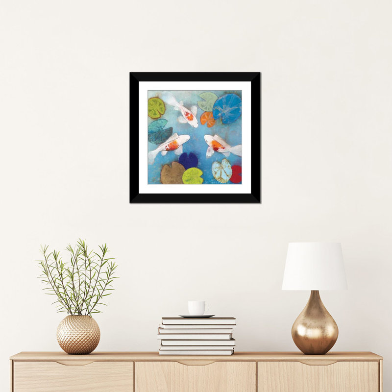 «Koi II», peinture sur toile, Papier beaux-arts encadré noir, Blanc, H 16 po x l 16 po x P 1 po
