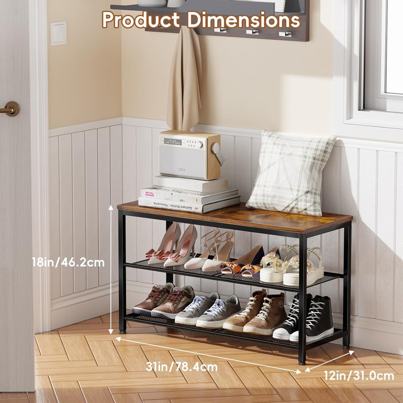 Shoe Rack Bench, 3-Tier Shoe Rack with Wood Shelf for Entryway