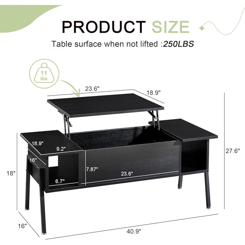 Lift Top Coffee Table With Hidden Compartment And Storage Shelf For Living Room Office Reception, Rising Tabletop, Black