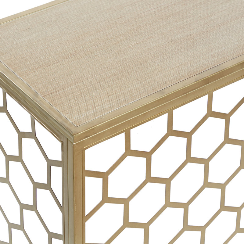 Manderella Metal Honeycomb Pattern Geometric Gold Console Table with Brown Wood Top