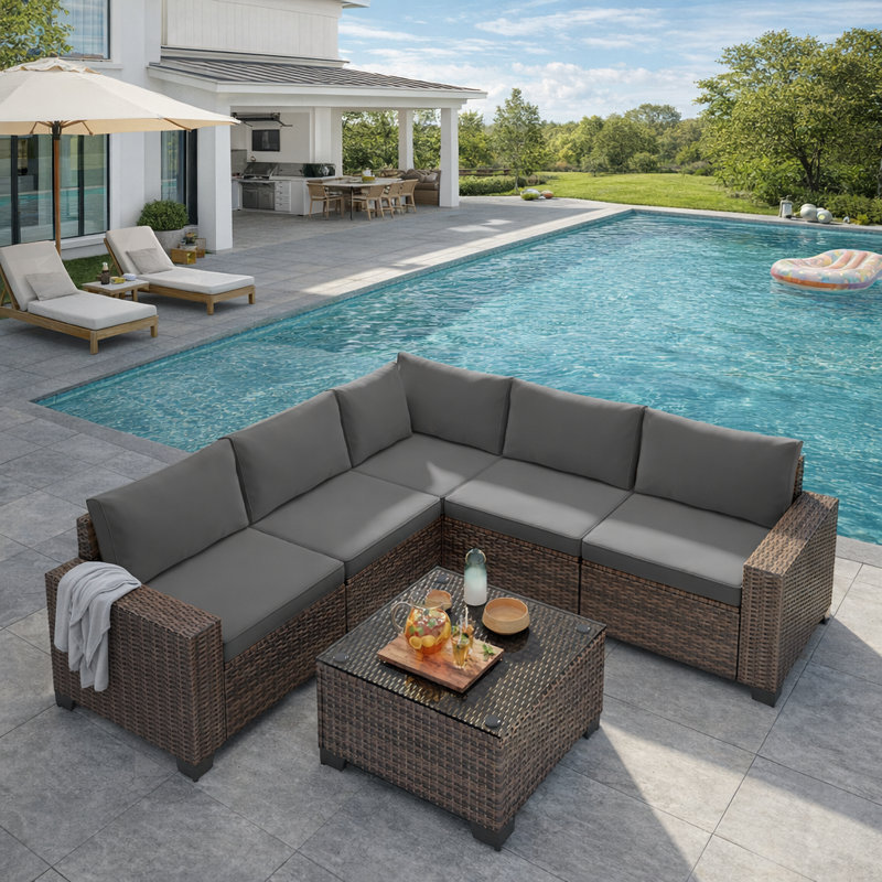 Vanarsdale 6‑Piece Modular PE‑Rattan Outdoor Sectional Sofa Set with Machine‑Washable Gray Cushions and Glass‑Top Coffee Table