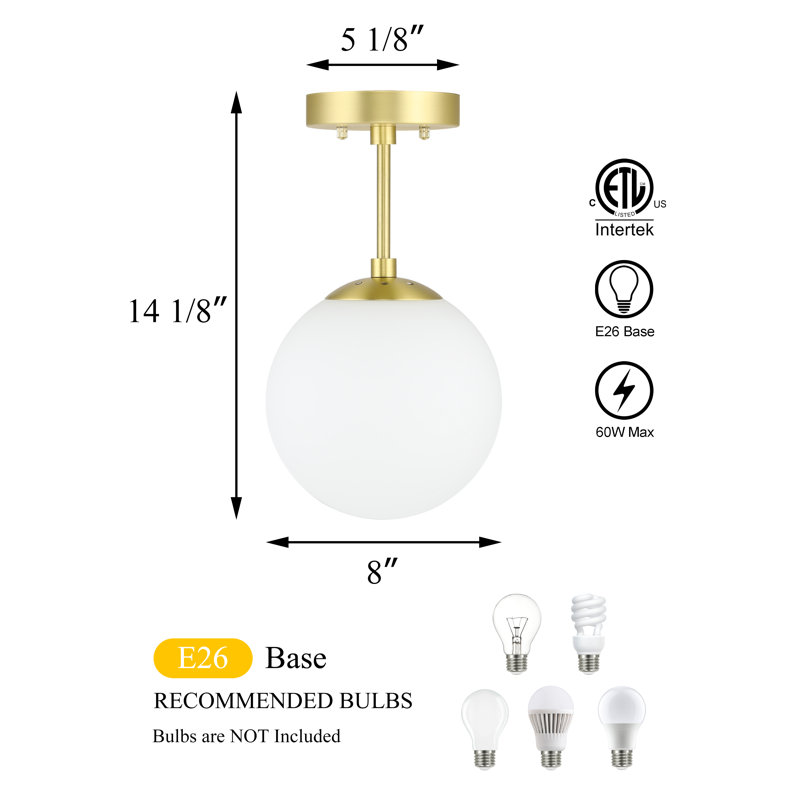 Andren Flush Light 1 Light Semi Flush Mount Ceiling Light, Globe Ceiling Light, Satin Brass