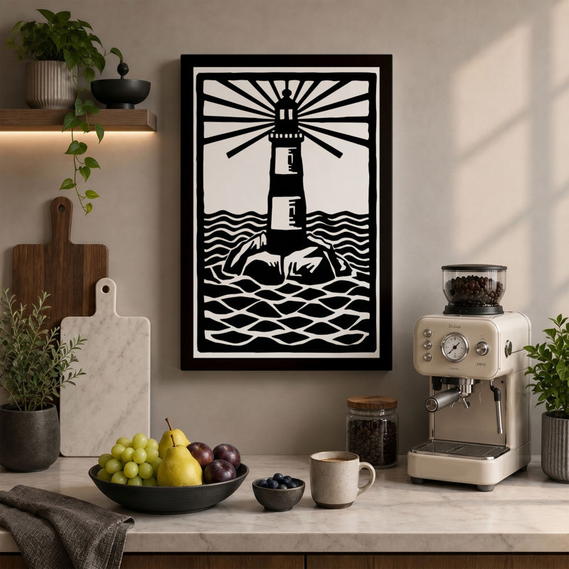 Lighthouse Beacon Graphic - Wrapped Canvas, 36x24 - 91.4 x 61.0 cm, Ochre Border