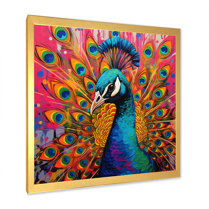 Bleu sarcelle, Pop Art, paon - paon, art mural sur toile, H 36 po x l 36 po x P 1,5 po, Cadre doré simple
